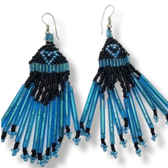 VINTAGE BLUE & BLACK PEYOTE GLASS BEADED SOUTHWESTERN STYLE DROP HOOK EARRINGS - Picture 3 of 5